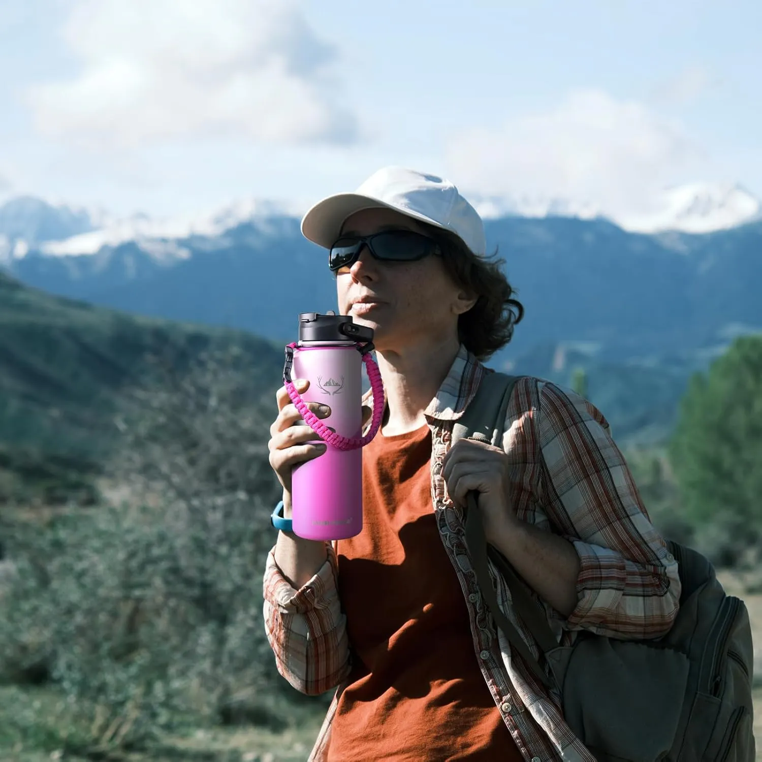 NATURE PIONEOR Insulated Water Bottles with Paracord Handle - 40 oz Vacuum Sports Wide Mouth Water Bottle with 3 Lids, Leak Proof Stainless Steel Keeps Hot and Cold