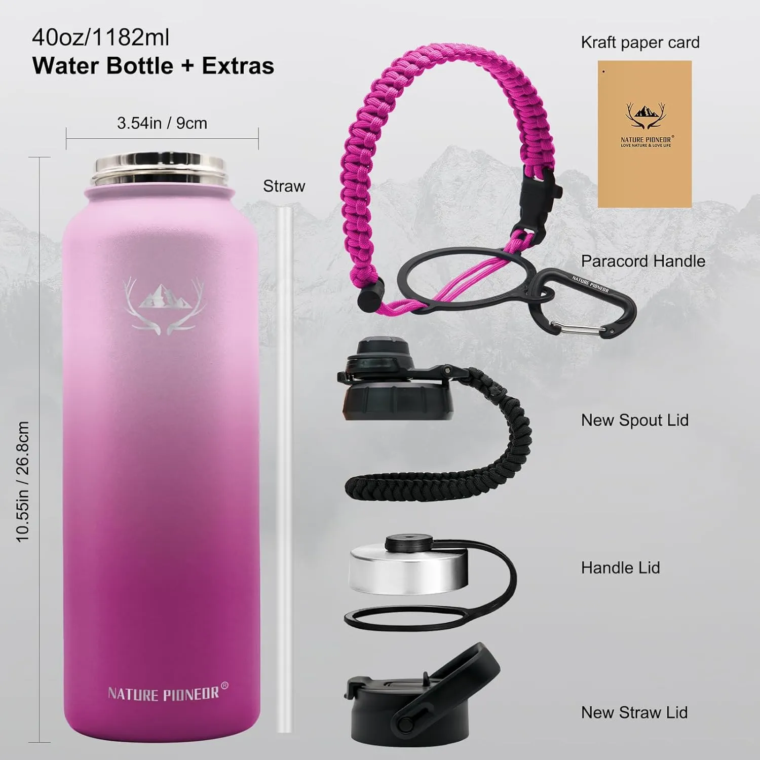 NATURE PIONEOR Insulated Water Bottles with Paracord Handle - 40 oz Vacuum Sports Wide Mouth Water Bottle with 3 Lids, Leak Proof Stainless Steel Keeps Hot and Cold