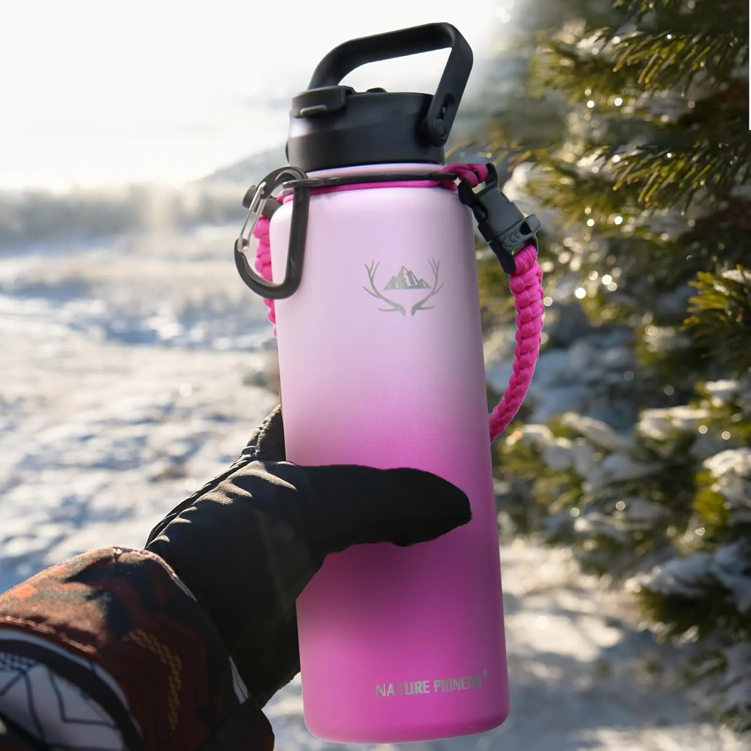 NATURE PIONEOR Insulated Water Bottles with Paracord Handle - 40 oz Vacuum Sports Wide Mouth Water Bottle with 3 Lids, Leak Proof Stainless Steel Keeps Hot and Cold