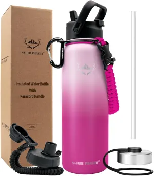 NATURE PIONEOR Insulated Water Bottles with Paracord Handle - 40 oz Vacuum Sports Wide Mouth Water Bottle with 3 Lids, Leak Proof Stainless Steel Keeps Hot and Cold