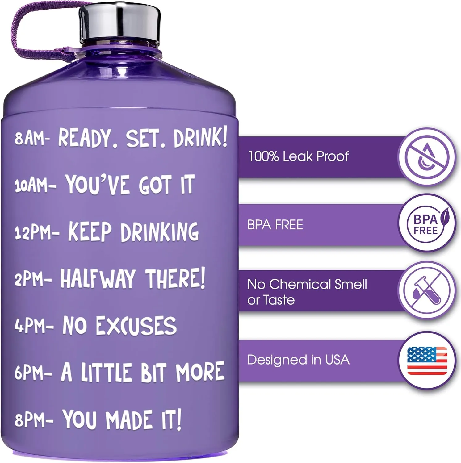 NatureWorks HydroMATE 1/2 Gallon Water Bottle with Times to Drink BPA Free Leak Proof Reusable Jug with Handle 64 oz (Light Purple)