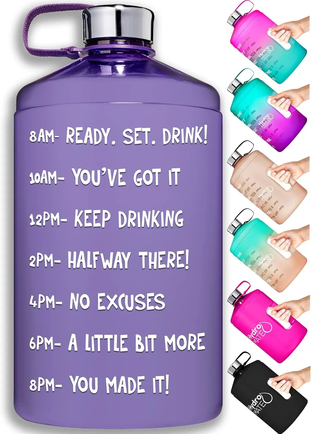 NatureWorks HydroMATE 1/2 Gallon Water Bottle with Times to Drink BPA Free Leak Proof Reusable Jug with Handle 64 oz (Light Purple)