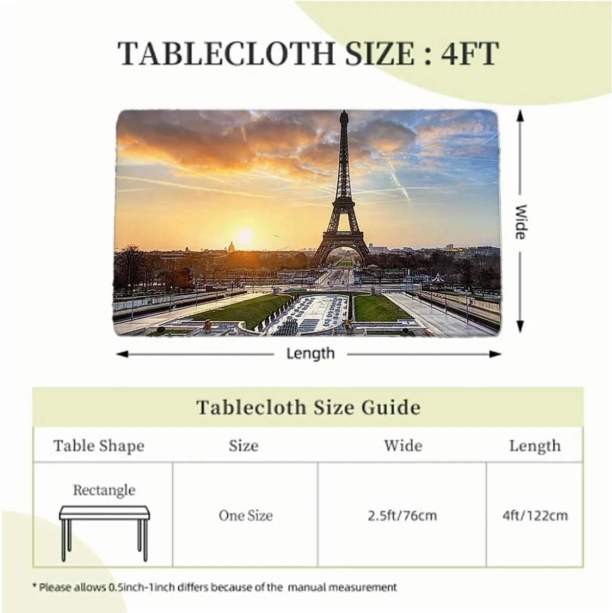 Navy Yellow Rectangle Tablecloth, Sunrise with Clouds on Horizon Park Waterproof Elastic Fitted Table Covers,Camping, Indoor, Outdoor Eiffel Tower Fits up 4 Foot Tables