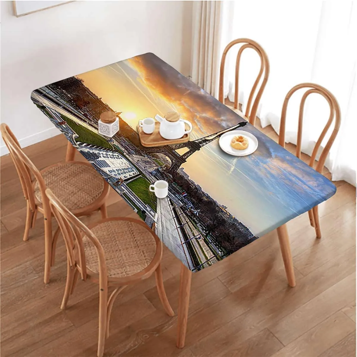 Navy Yellow Rectangle Tablecloth, Sunrise with Clouds on Horizon Park Waterproof Elastic Fitted Table Covers,Camping, Indoor, Outdoor Eiffel Tower Fits up 4 Foot Tables