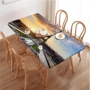 Navy Yellow Rectangle Tablecloth, Sunrise with Clouds on Horizon Park Waterproof Elastic Fitted Table Covers,Camping, Indoor, Outdoor Eiffel Tower Fits up 4 Foot Tables