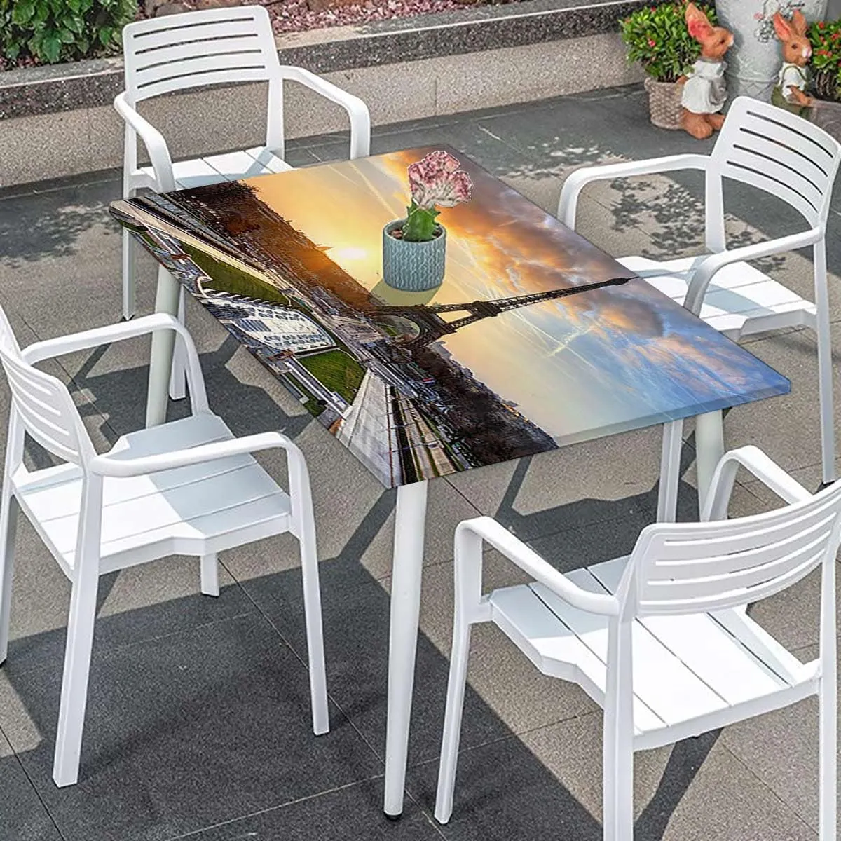 Navy Yellow Rectangle Tablecloth, Sunrise with Clouds on Horizon Park Waterproof Elastic Fitted Table Covers,Camping, Indoor, Outdoor Eiffel Tower Fits up 4 Foot Tables