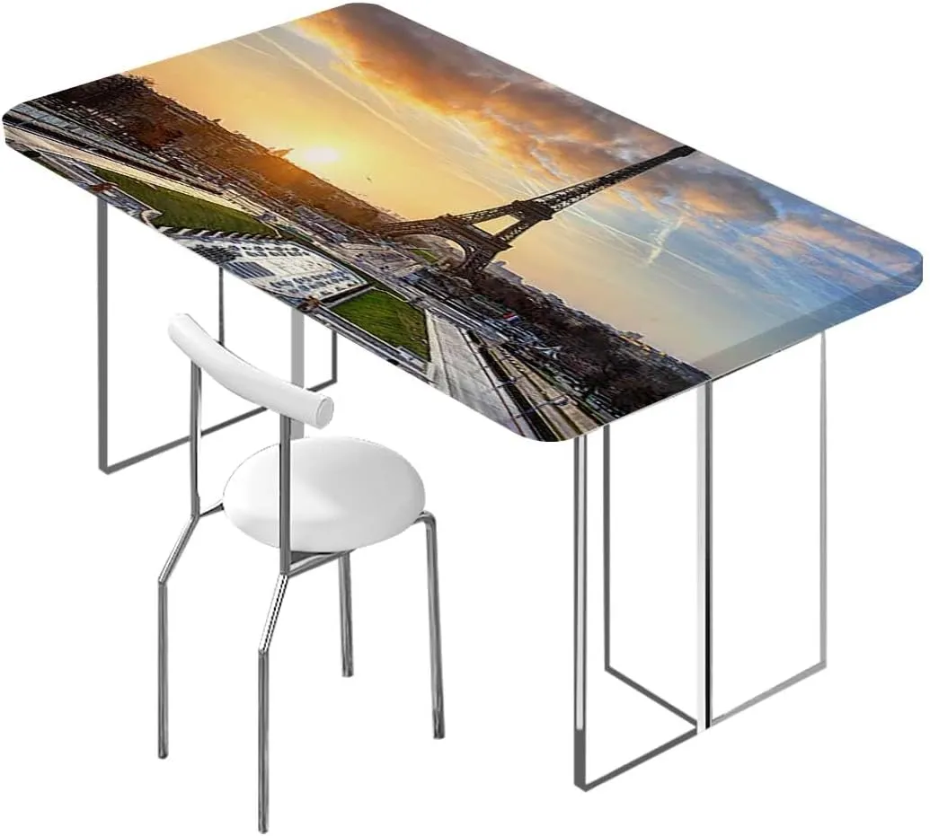Navy Yellow Rectangle Tablecloth, Sunrise with Clouds on Horizon Park Waterproof Elastic Fitted Table Covers,Camping, Indoor, Outdoor Eiffel Tower Fits up 4 Foot Tables