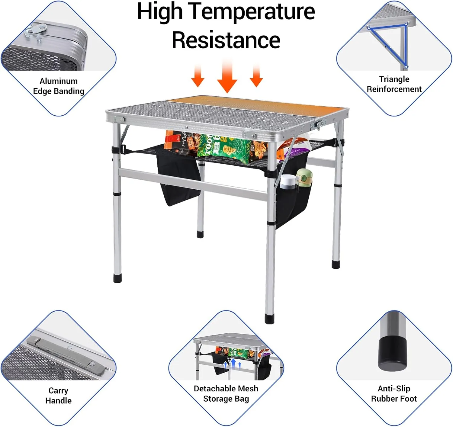 Nice C Square Table for Grill, Folding Table, Camping Table, Outdoor Table, Card Table, Height Adjustable, Mesh Bag Lightweight, Carry Handle, Aluminum (31.5"x31.5" White)