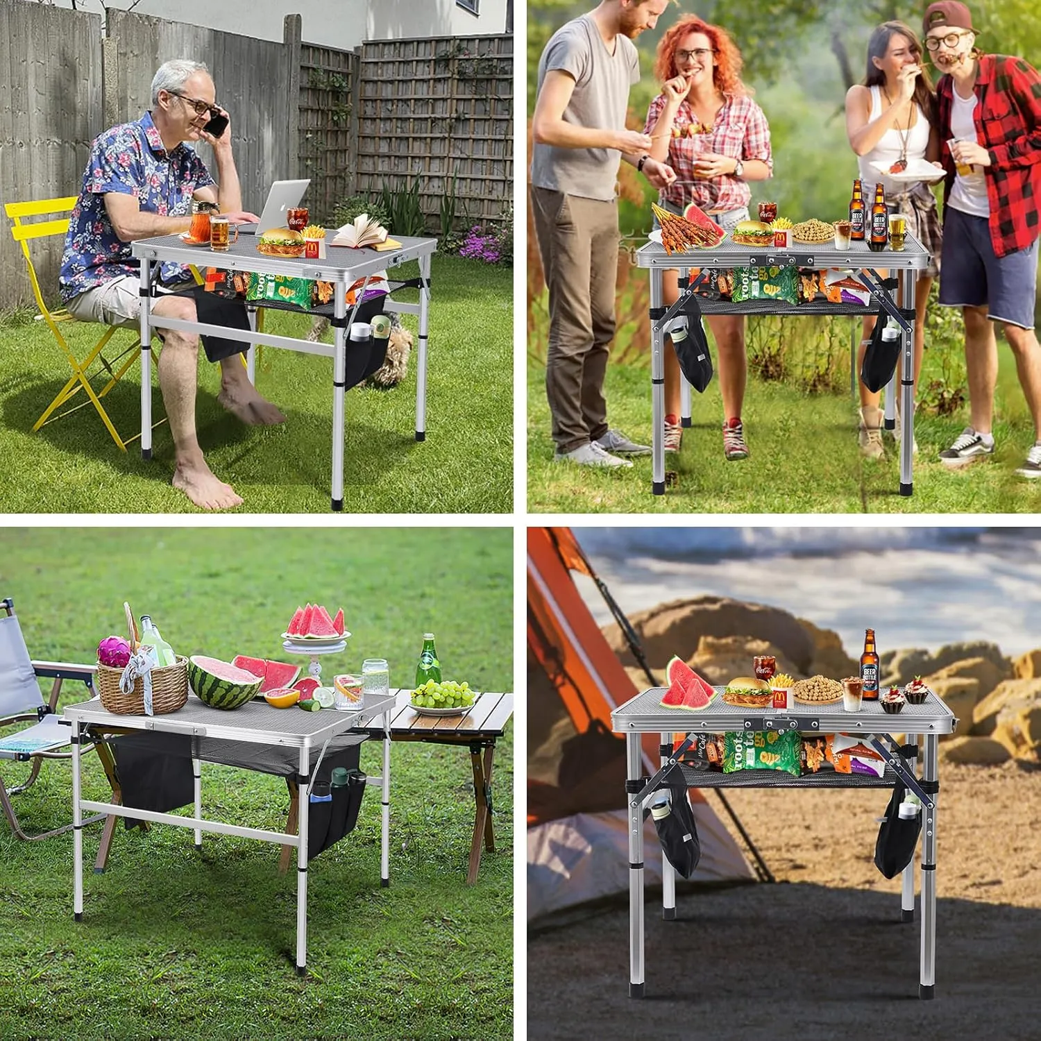 Nice C Square Table for Grill, Folding Table, Camping Table, Outdoor Table, Card Table, Height Adjustable, Mesh Bag Lightweight, Carry Handle, Aluminum (31.5"x31.5" White)