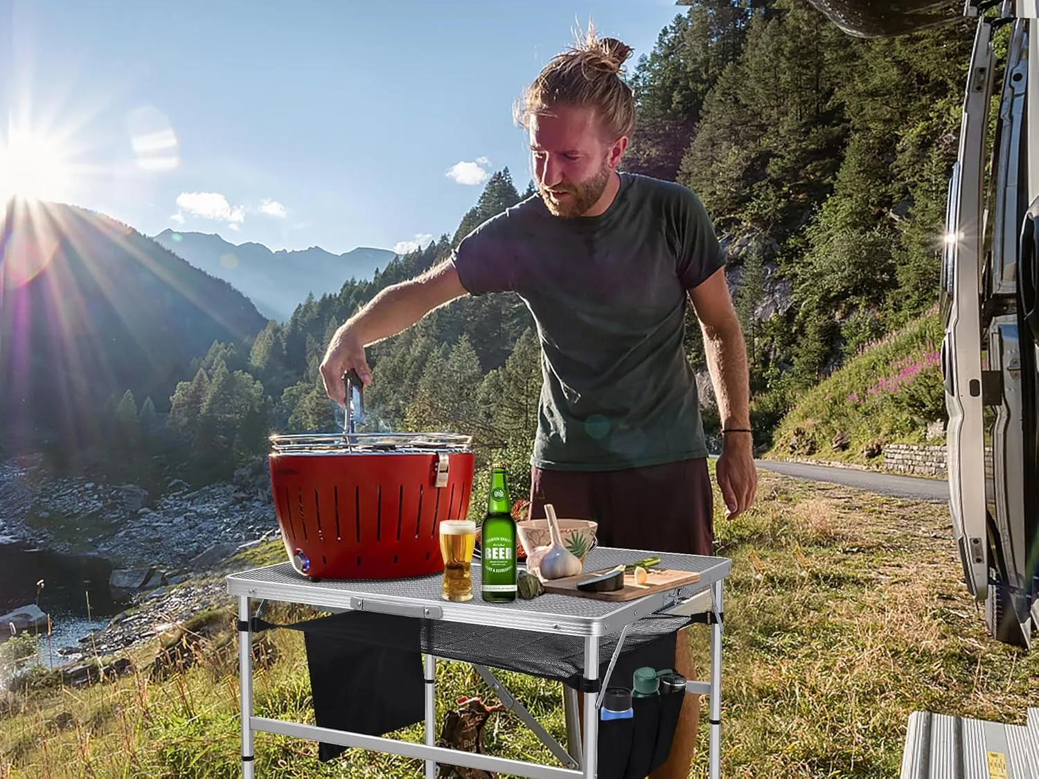 Nice C Square Table for Grill, Folding Table, Camping Table, Outdoor Table, Card Table, Height Adjustable, Mesh Bag Lightweight, Carry Handle, Aluminum (31.5"x31.5" White)