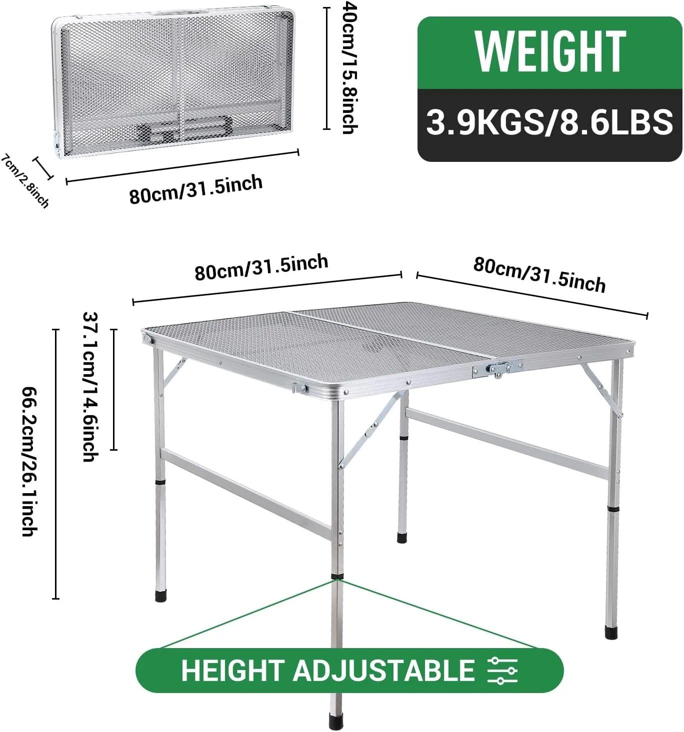 Nice C Square Table for Grill, Folding Table, Camping Table, Outdoor Table, Card Table, Height Adjustable, Mesh Bag Lightweight, Carry Handle, Aluminum (31.5"x31.5" White)