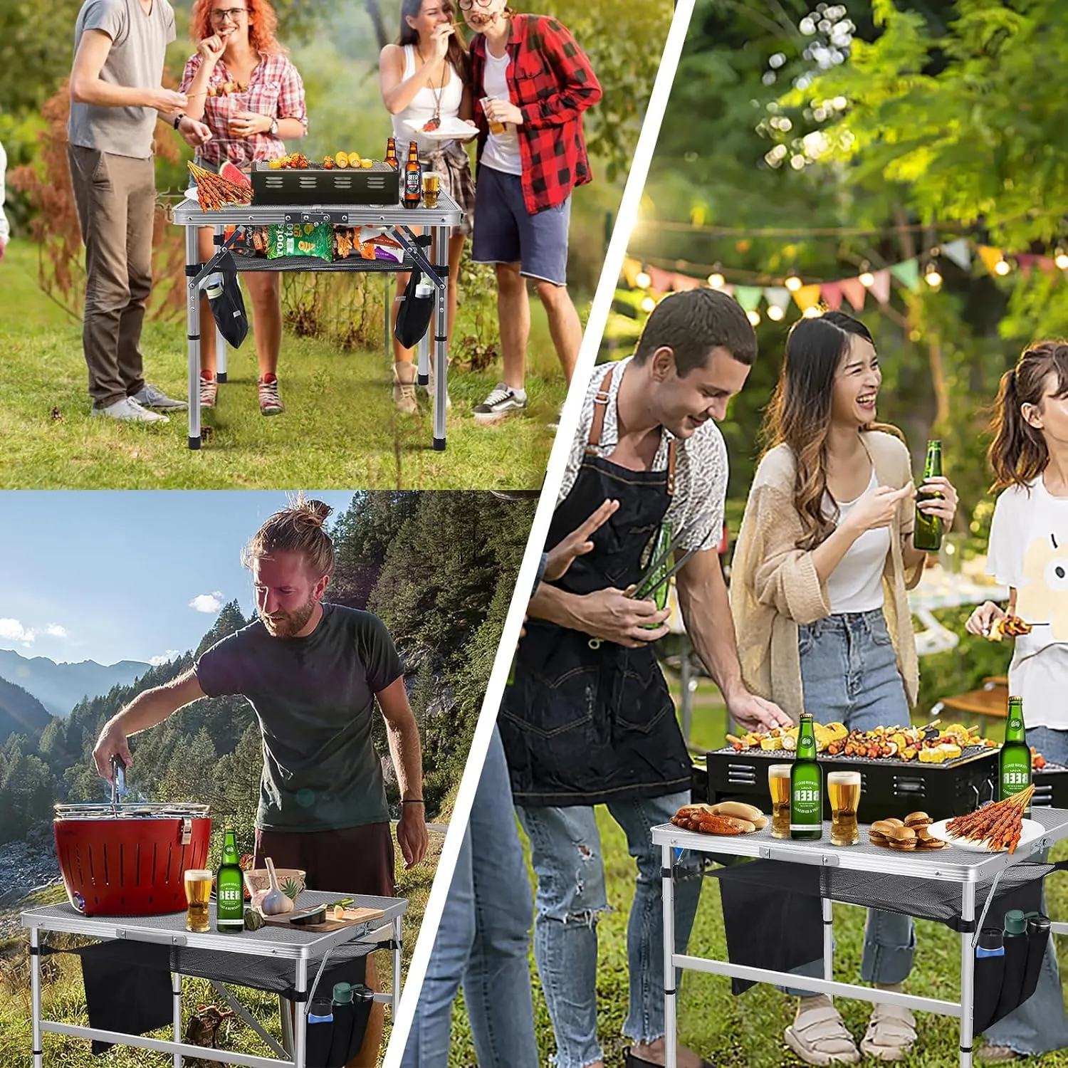 Nice C Square Table for Grill, Folding Table, Camping Table, Outdoor Table, Card Table, Height Adjustable, Mesh Bag Lightweight, Carry Handle, Aluminum (31.5"x31.5" White)
