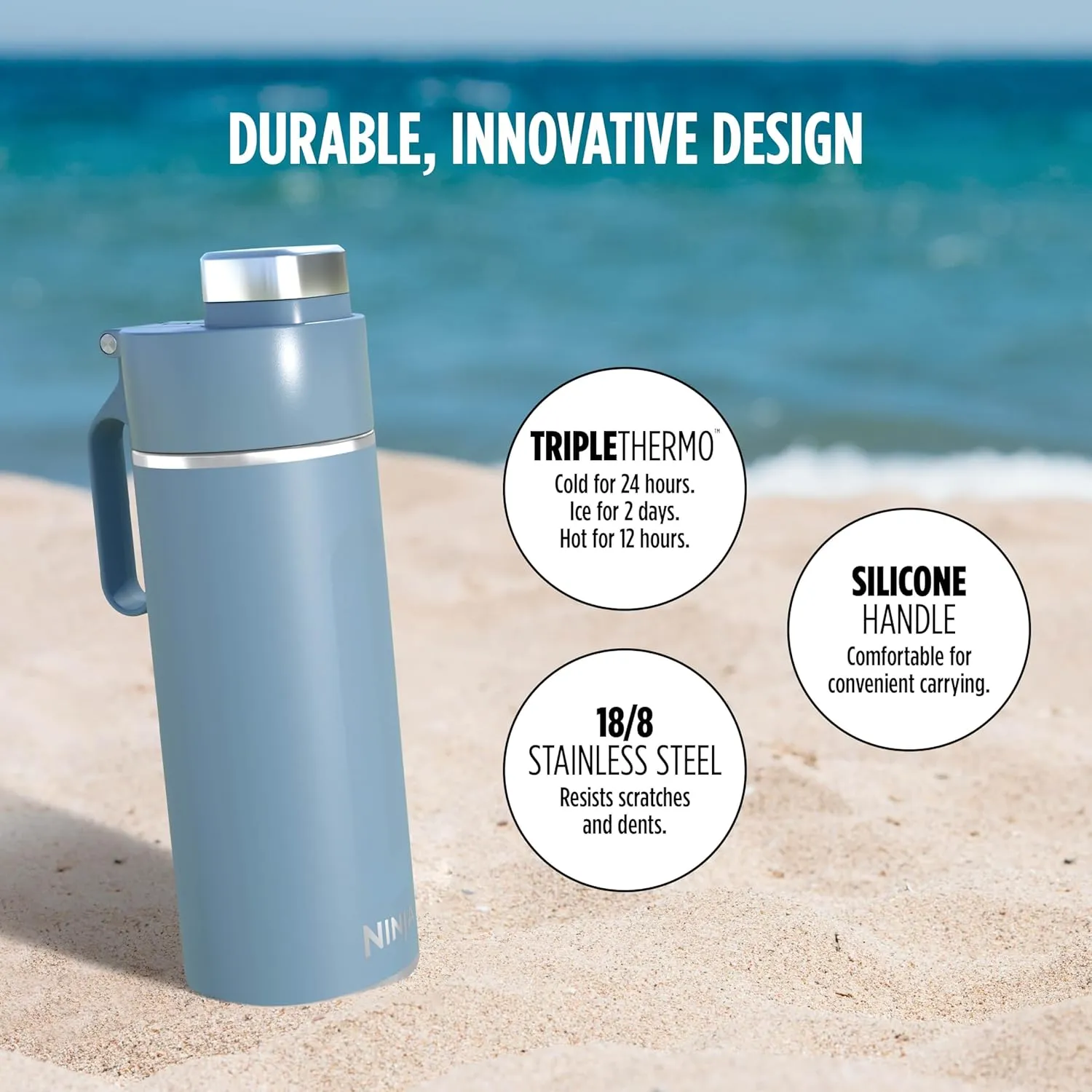 Ninja DW2401BL Thirsti 24oz Travel Water Bottle, For Carbonated Sparkling Drinks, Colder and Fizzier Longer, Leak Proof, 24 Hrs Cold, Dishwasher Safe, Stainless Steel Insulated Tumbler, Storm Blue
