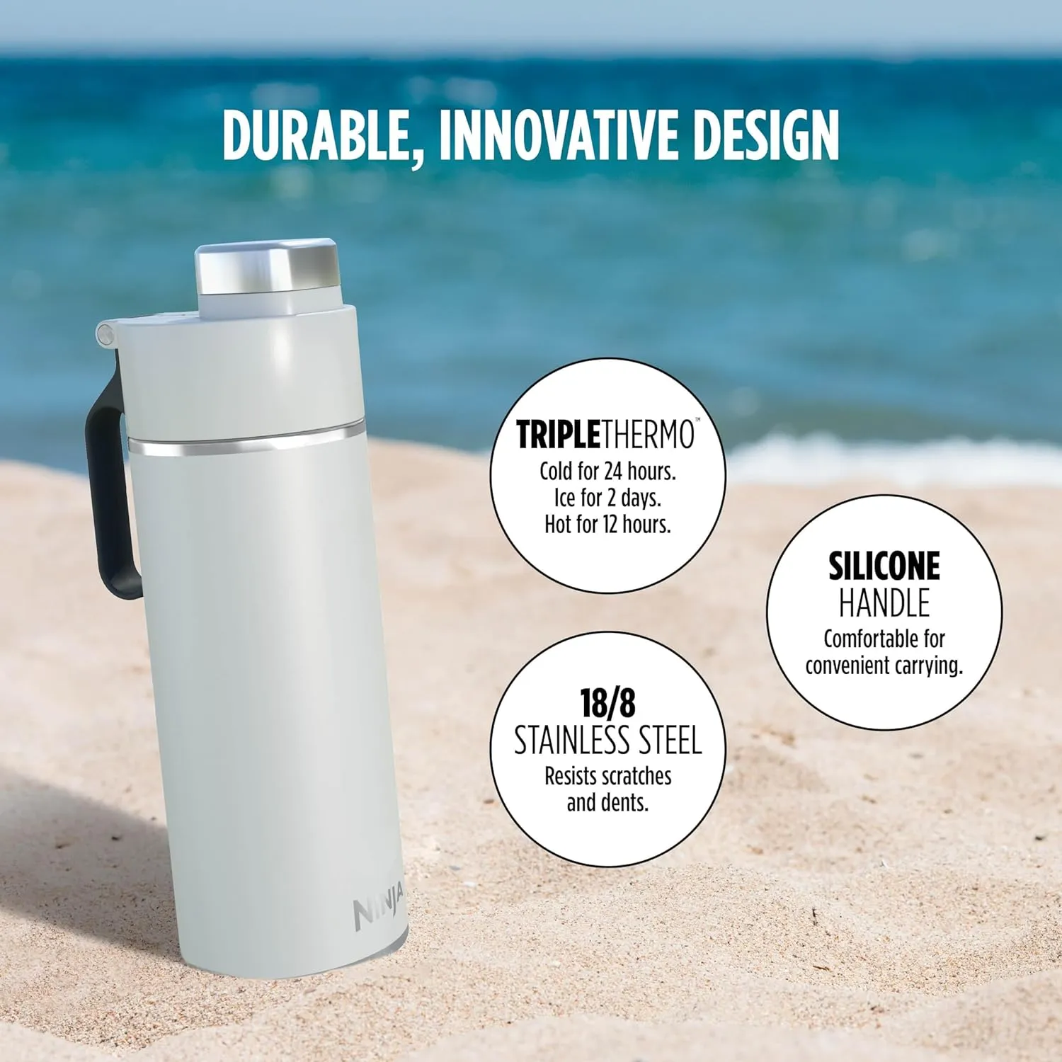 Ninja Thirsti 18oz Travel Water Bottle, For Carbonated Sparkling Drinks, Colder and Fizzier Longer, Leak Proof, 24 Hrs Cold, Dishwasher Safe, Stainless Steel Insulated Tumbler, Cloud White, DW1801WH