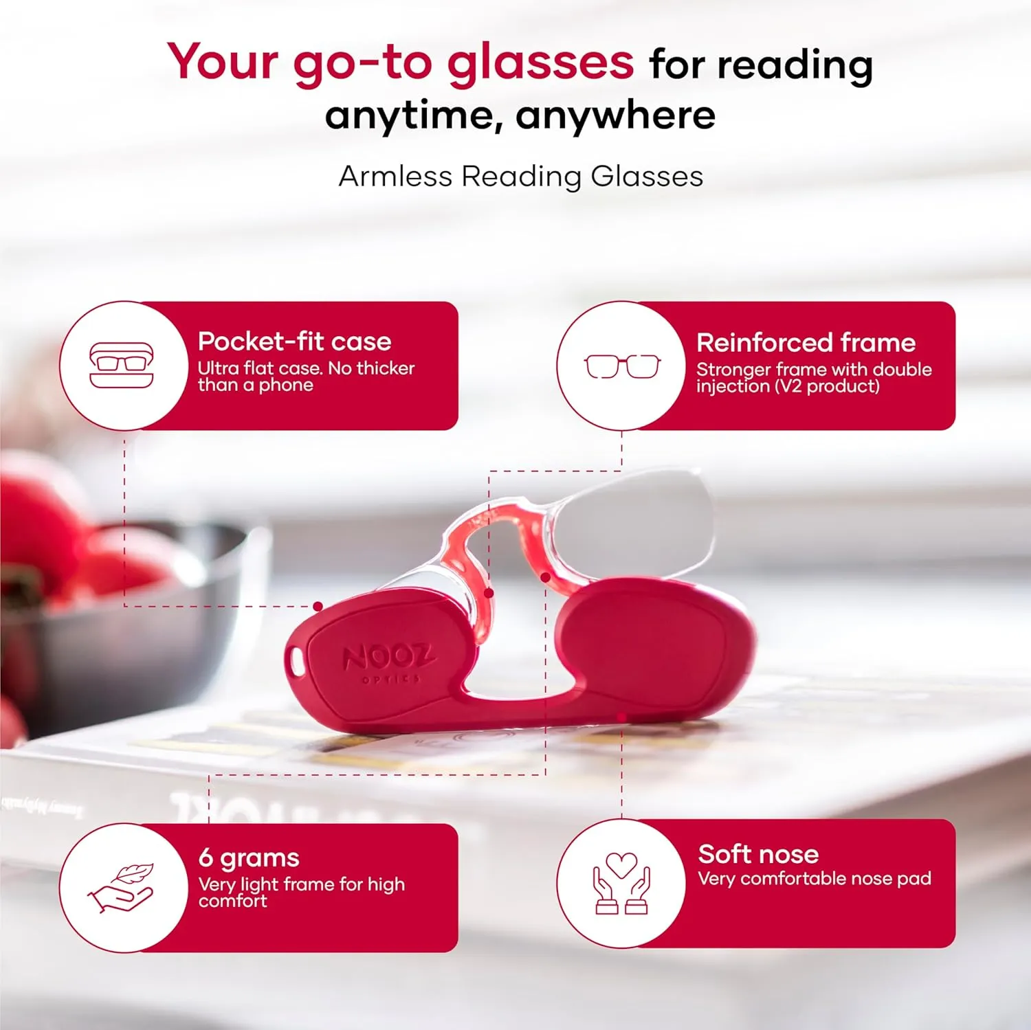 NOOZ Optics Armless Reading Glasses - Rectangular Shape - 6 colors and 5 corrections