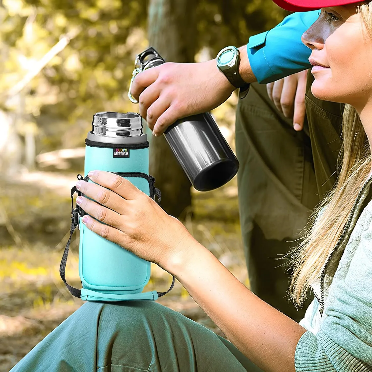 Nuovoware Water Bottle Carrier Bag,25oz/40oz/64oz Bottle Pouch Holder,Adjustable Shoulder Hand Strap 2 Pocket Sling Neoprene Sleeve Sports Accessories for Hiking Travelling Camping