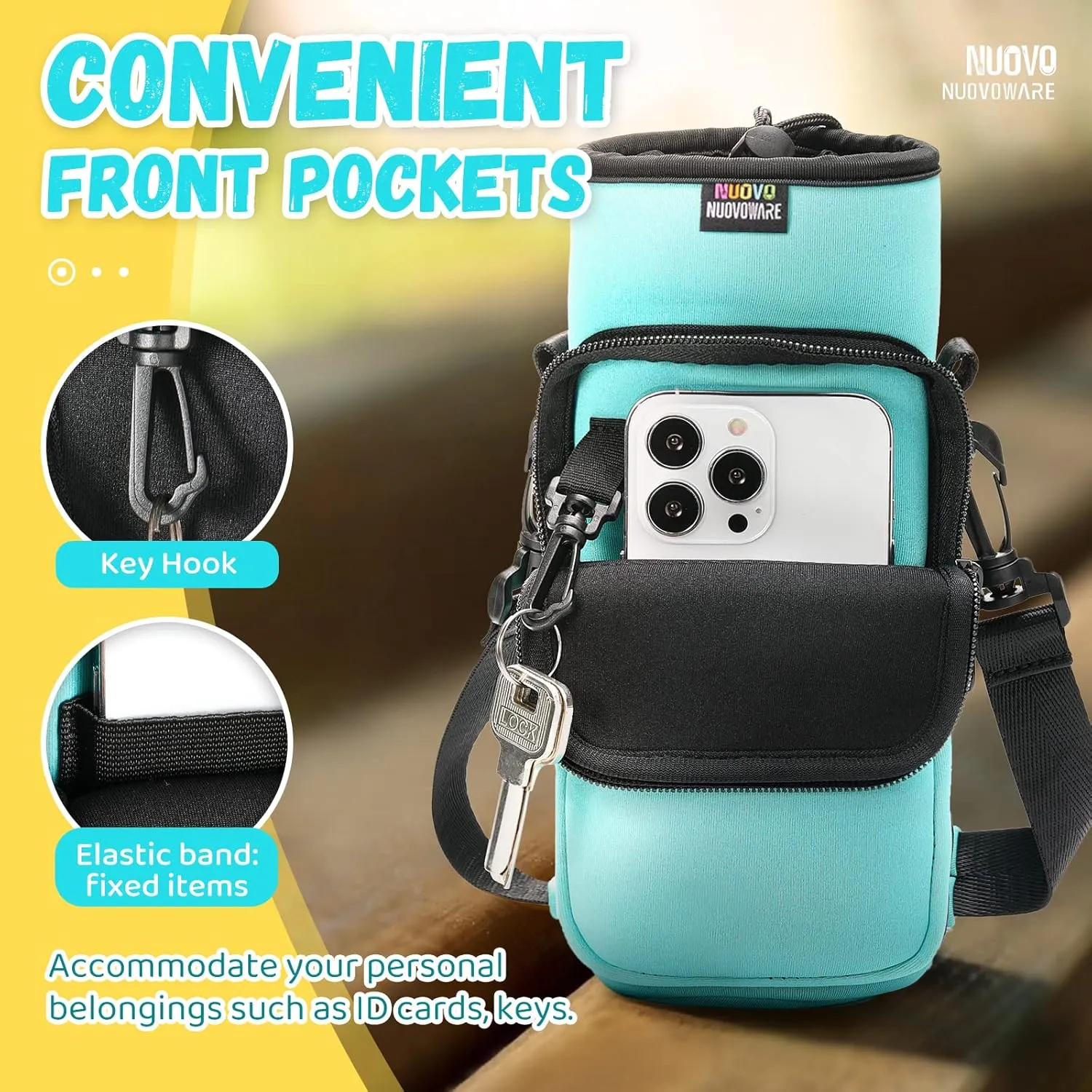 Nuovoware Water Bottle Carrier Bag,25oz/40oz/64oz Bottle Pouch Holder,Adjustable Shoulder Hand Strap 2 Pocket Sling Neoprene Sleeve Sports Accessories for Hiking Travelling Camping