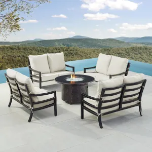 Oakland Living Black Aluminum Patio Fire Table Set with Four Deep Seating Loveseat with Cushions with Light Grey Cushions