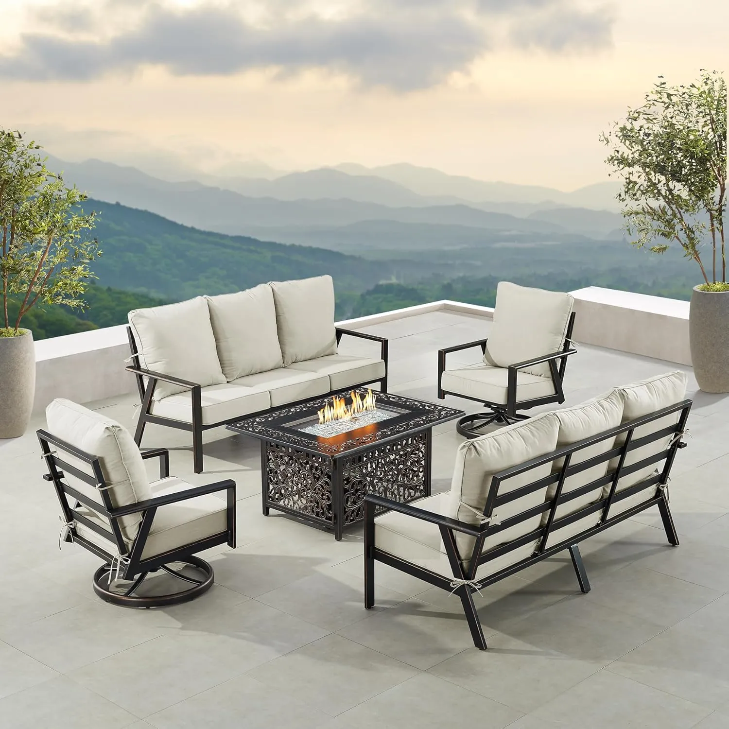 Oakland Living Black Aluminum Patio Fire Table Set with Two Deep Seating Sofa with Cushions and Two Club Chairs with Light Grey Cushions