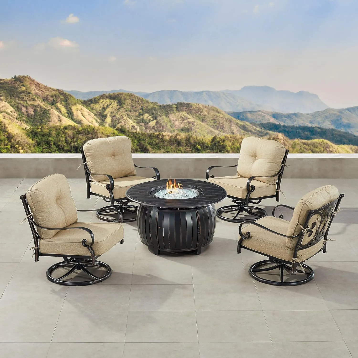 Oakland Living POPPY-4CH-ITALY-TNCU-IB-AC Black Aluminum Patio Fire Table Set with Four Club Chairs, Antique Copper