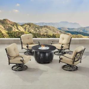 Oakland Living POPPY-4CH-ITALY-TNCU-IB-AC Black Aluminum Patio Fire Table Set with Four Club Chairs, Antique Copper
