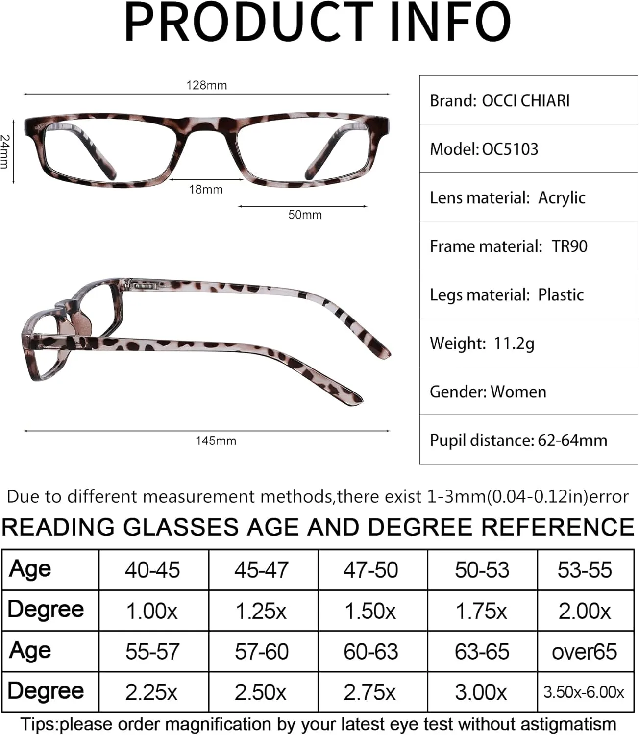 OCCI CHIARI Womens Reading Glasses TR90 Reader For Men 1.0 1.25 1.5 1.75 2.0 2.25 2.5 2.75 3.0 3.5 4.0 5.0 6.0 (Tortoise,100)