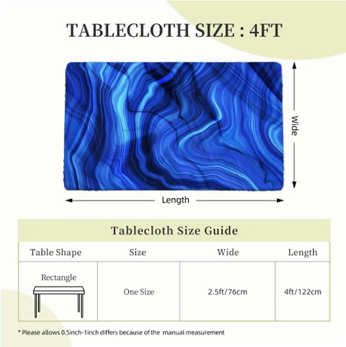 OOzie Blue Elastic Fitted Picnic Table Cover Twist Textures with Marble Pattern Rectangle Table Cover for Outdoor Picnic Camping Parties,for 4 Foot Tables Marble