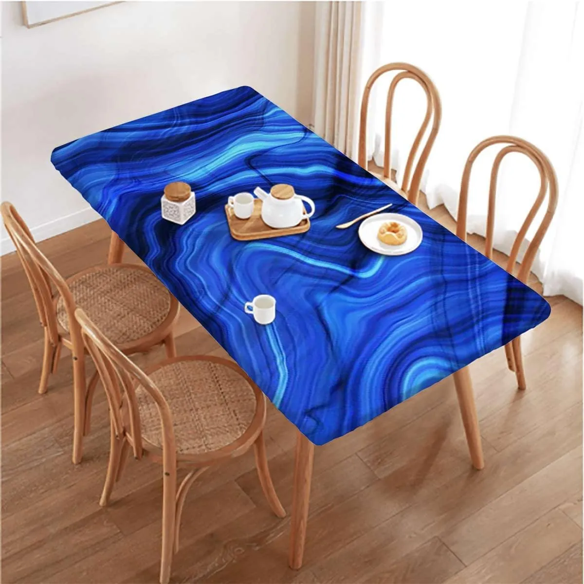 OOzie Blue Elastic Fitted Picnic Table Cover Twist Textures with Marble Pattern Rectangle Table Cover for Outdoor Picnic Camping Parties,for 4 Foot Tables Marble