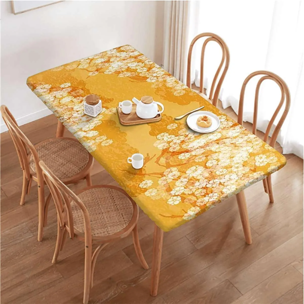 OOzie Marigold Cream Fitted Tablecloth Cover, Exotic Japanese Cherry Blossom Picnic Table Tablecloth Covers Set for Picnics Indoor and Outdoor Dining,for 4 Foot Tables Flowers