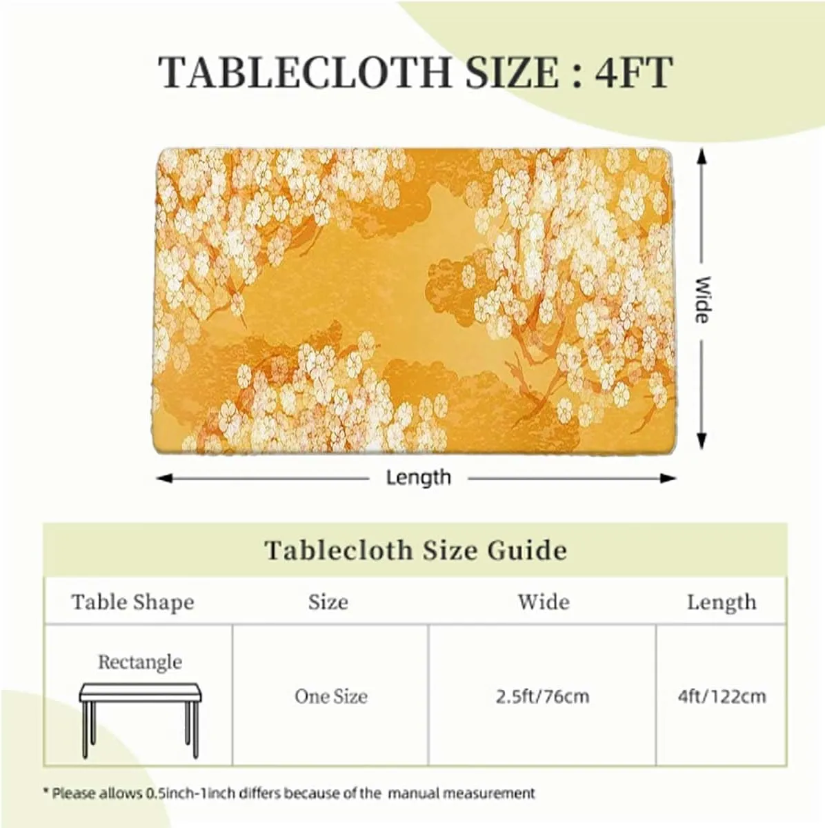 OOzie Marigold Cream Fitted Tablecloth Cover, Exotic Japanese Cherry Blossom Picnic Table Tablecloth Covers Set for Picnics Indoor and Outdoor Dining,for 4 Foot Tables Flowers