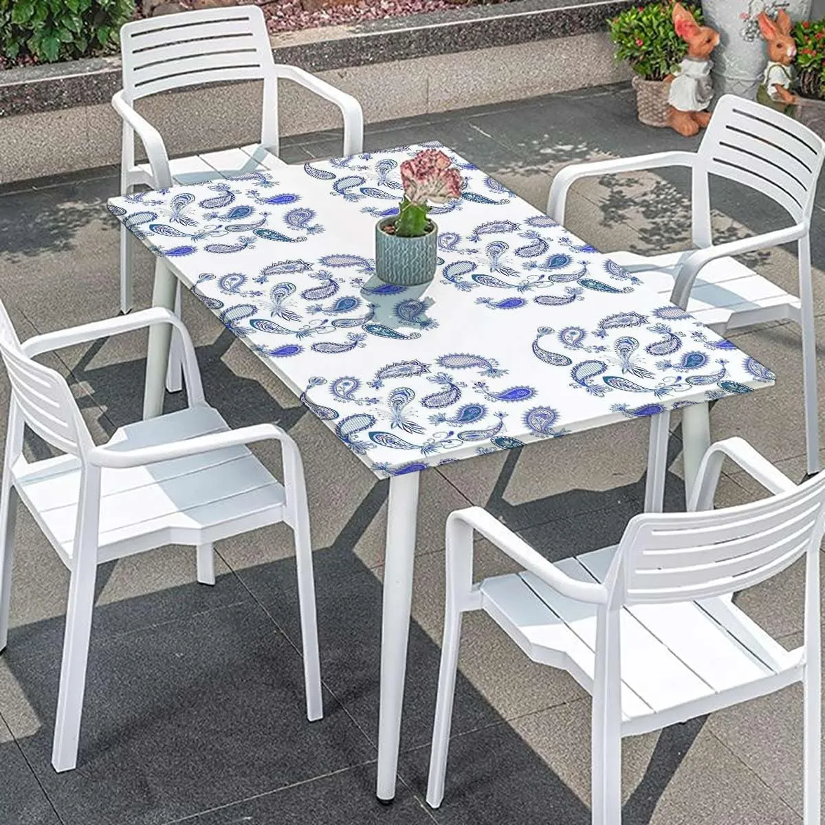 OOzie Navy Blue White Elastic Fitted Tablecloths, Old Fashioned Motifs Fitted Tablecloth Rectangle Table Cover - Table Cloth - Fitted Table Covers Blue and White Fits up 5 Foot Tables