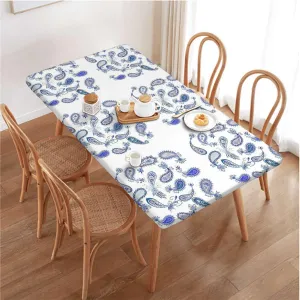 OOzie Navy Blue White Elastic Fitted Tablecloths, Old Fashioned Motifs Fitted Tablecloth Rectangle Table Cover - Table Cloth - Fitted Table Covers Blue and White Fits up 5 Foot Tables