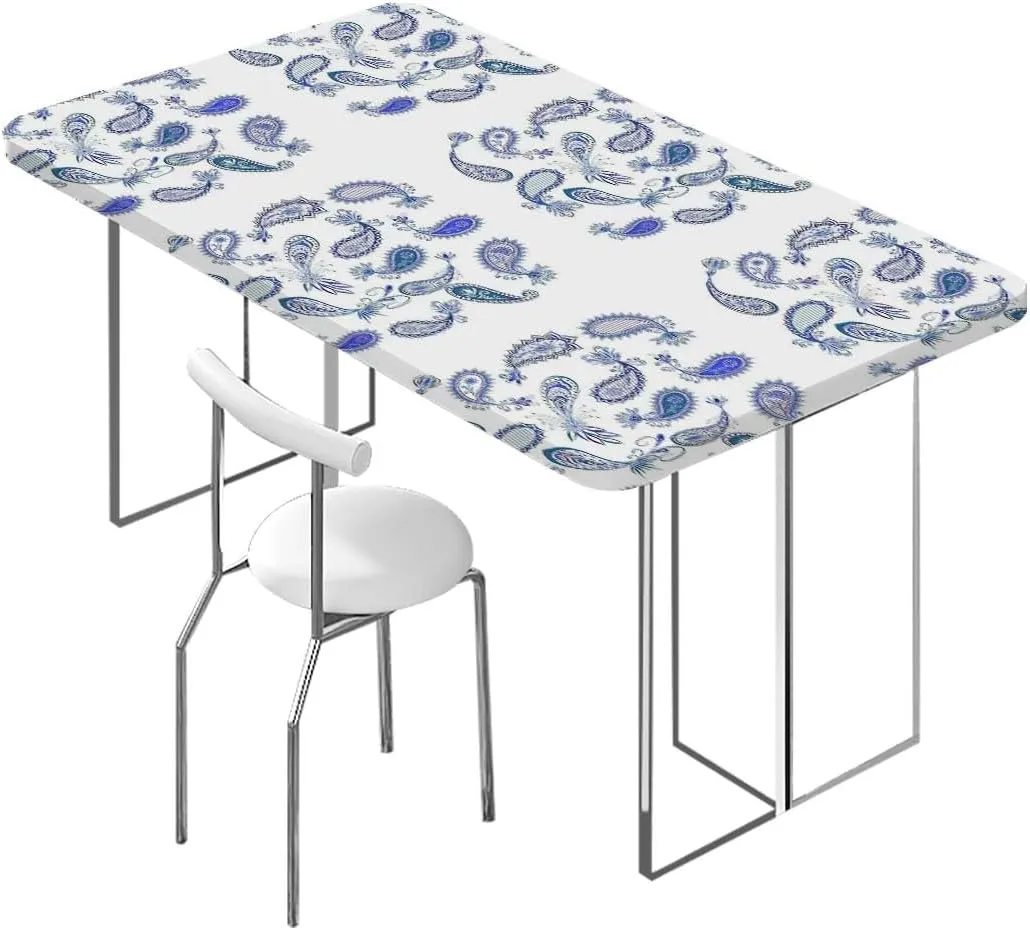 OOzie Navy Blue White Elastic Fitted Tablecloths, Old Fashioned Motifs Fitted Tablecloth Rectangle Table Cover - Table Cloth - Fitted Table Covers Blue and White Fits up 5 Foot Tables