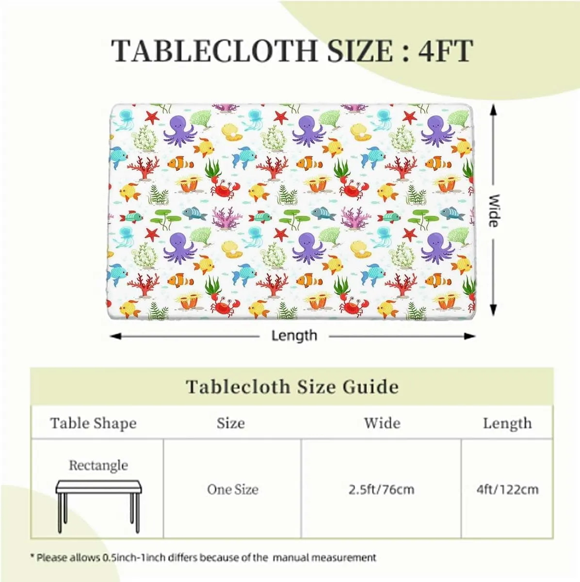 OOzie White Multicolor Tablecloth for Folding Table Friendly Sea Animals Cartoon Tablecloth ​Suitable for Camping Party and Picnic,for 4 Foot Tables Aquarium