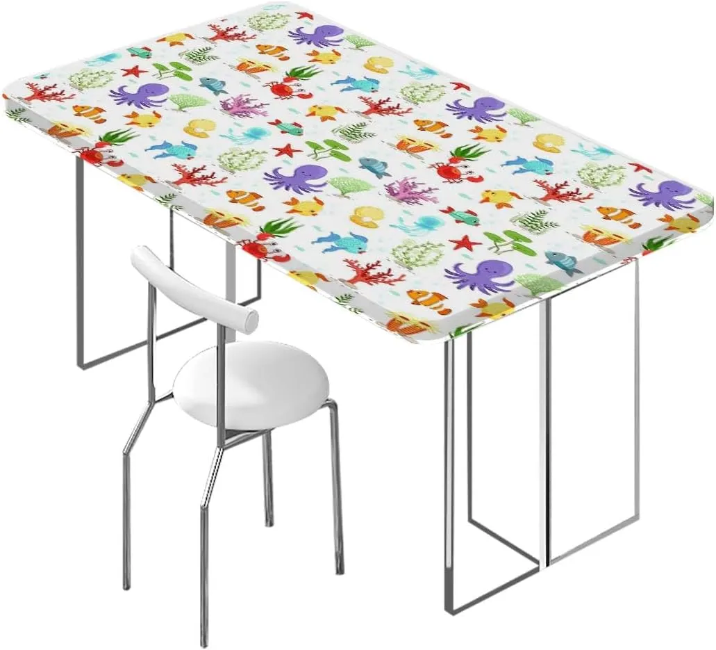 OOzie White Multicolor Tablecloth for Folding Table Friendly Sea Animals Cartoon Tablecloth ​Suitable for Camping Party and Picnic,for 4 Foot Tables Aquarium