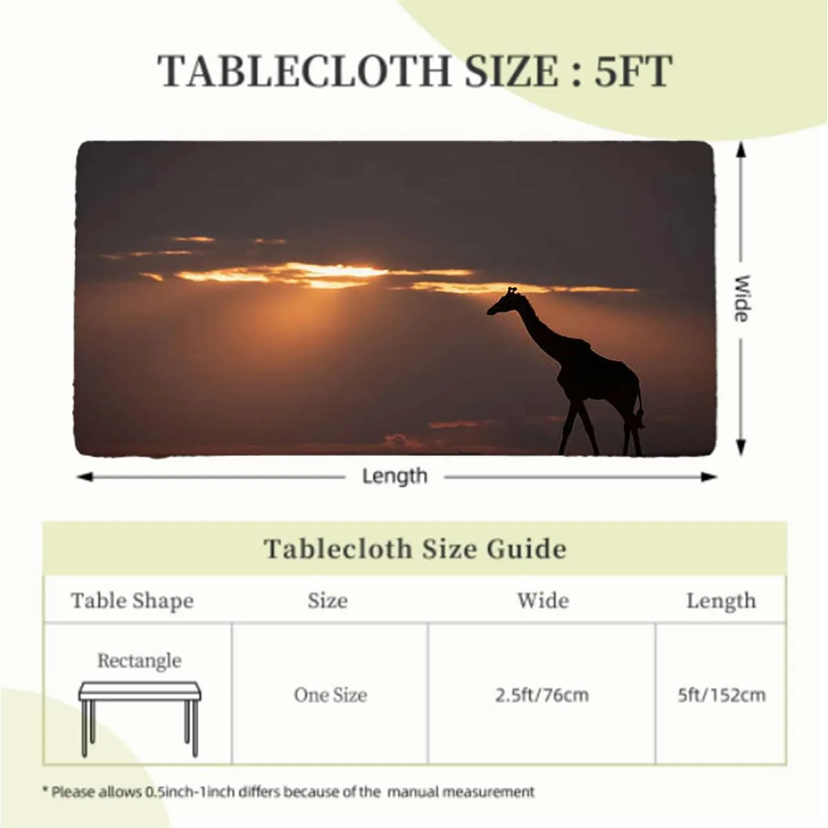 Orange Black Tablecloth for Folding Table on Bushes by The Lake Surface Horizon Waterproof Spill-Easy to Wipe, Great for Picnic Party Outdoor Patio Giraffes Fits up 5 Foot Tables