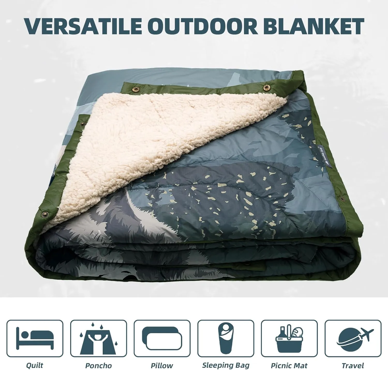 Outdoor Camping Blanket with Sherpa Lining, Extra Warm Thick Camp Blankets and Puffy Ultralight Soft Poncho DWR Camping Quilt for Cold Weather, Adventure, Sleeping, Backpacking 78"x 56"
