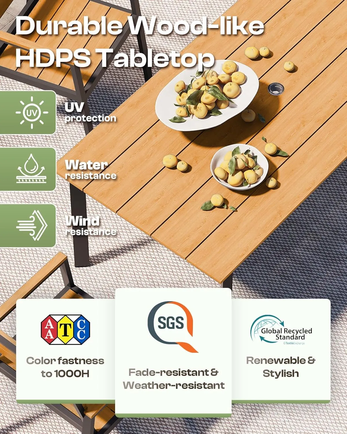 Outdoor Dining Set for 6, Patio Table and Chairs Set with Umbrella Hole, 7 Pieces HDPS Outdoor Furniture Sets for Patio, Garden, Backyard (Gray & Teak)