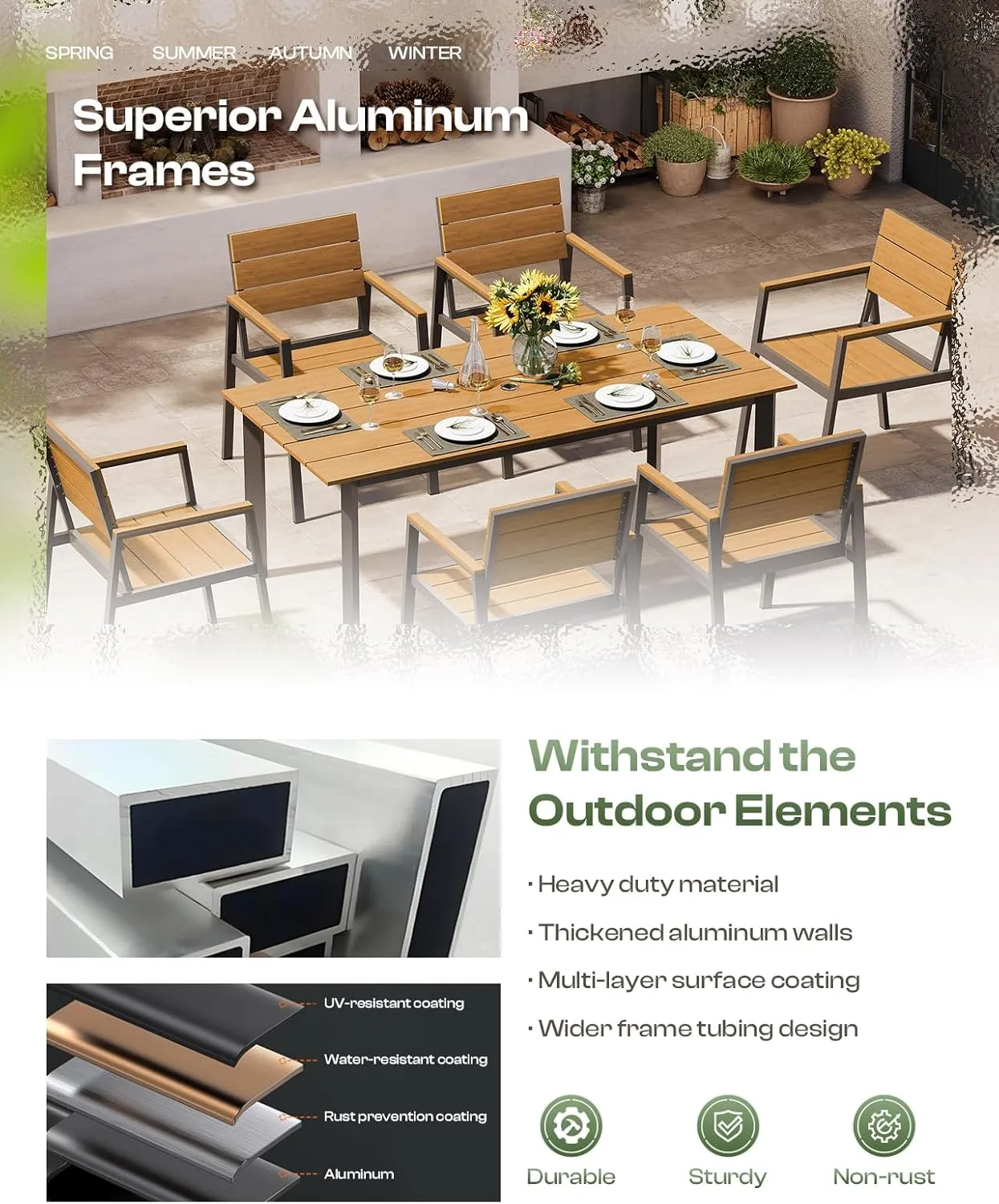 Outdoor Dining Set for 6, Patio Table and Chairs Set with Umbrella Hole, 7 Pieces HDPS Outdoor Furniture Sets for Patio, Garden, Backyard (Gray & Teak)