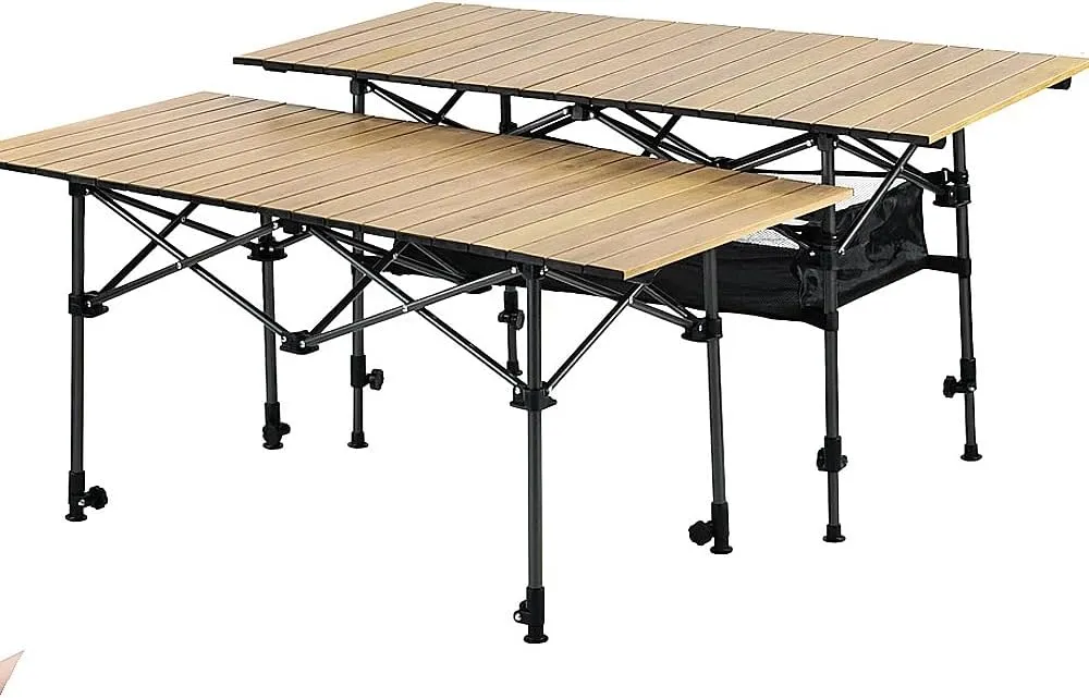 Outdoor Folding Aluminum Alloy Egg roll Table Portable Picnic Barbecue Camping Wood Grain Proof Lift Table (Wood Color(Net Bag, (37.4-21.7-19.7) inches)