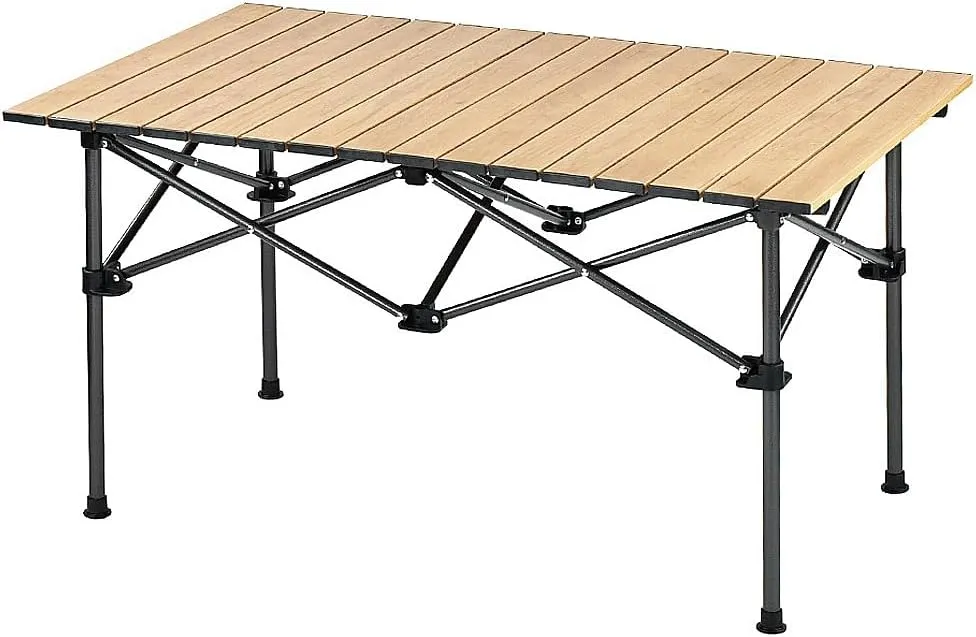 Outdoor Folding Aluminum Alloy Egg roll Table Portable Picnic Barbecue Camping Wood Grain Proof Lift Table (Wood Color(Net Bag, (37.4-21.7-19.7) inches)