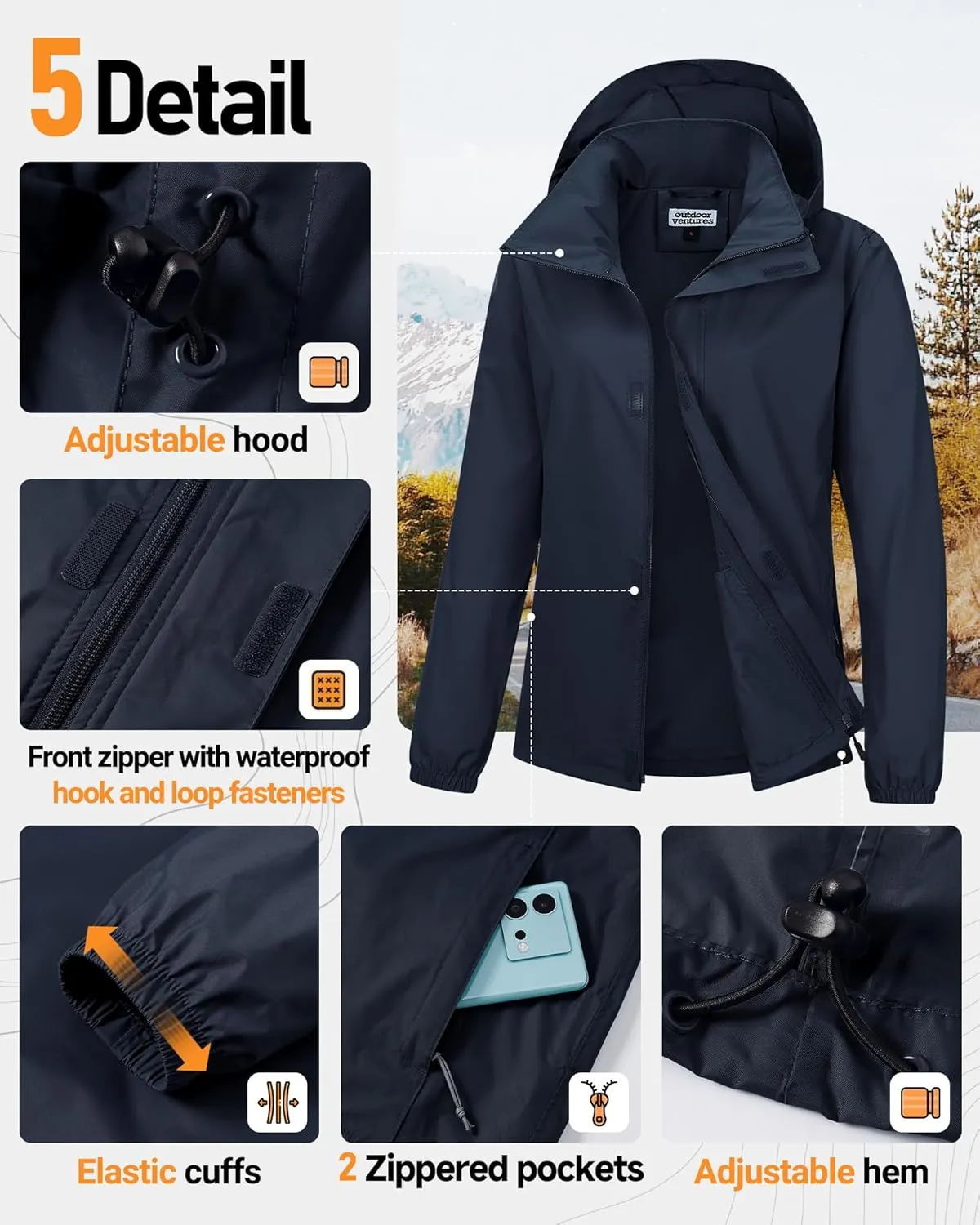 Outdoor Ventures Womens Lightweight Rain Jacket Packable Waterproof Rain Coat with Hood for Travel Windbreaker