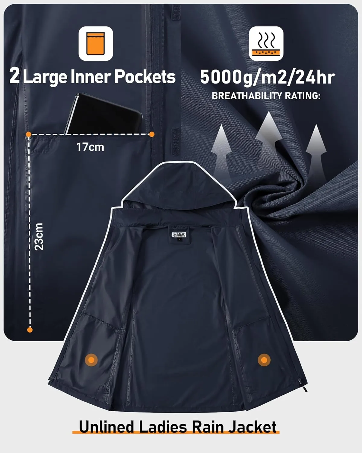 Outdoor Ventures Womens Lightweight Rain Jacket Packable Waterproof Rain Coat with Hood for Travel Windbreaker