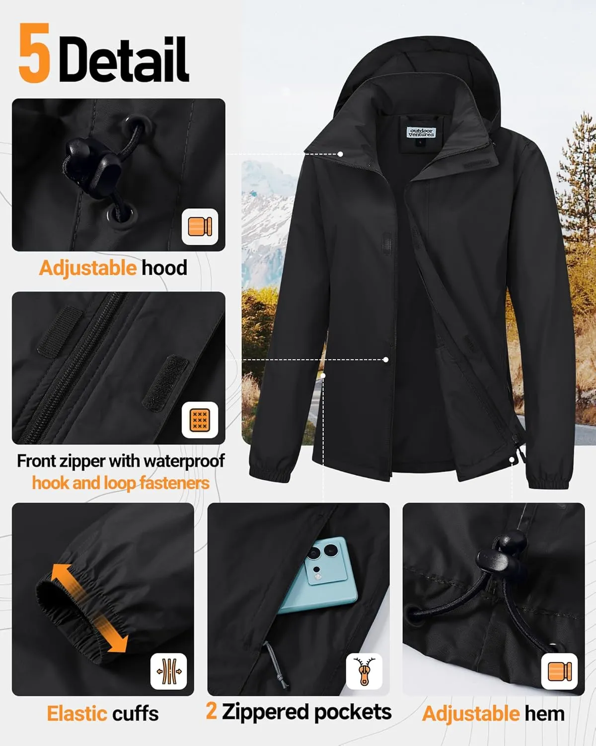 Outdoor Ventures Womens Lightweight Rain Jacket Packable Waterproof Rain Coat with Hood for Travel Windbreaker
