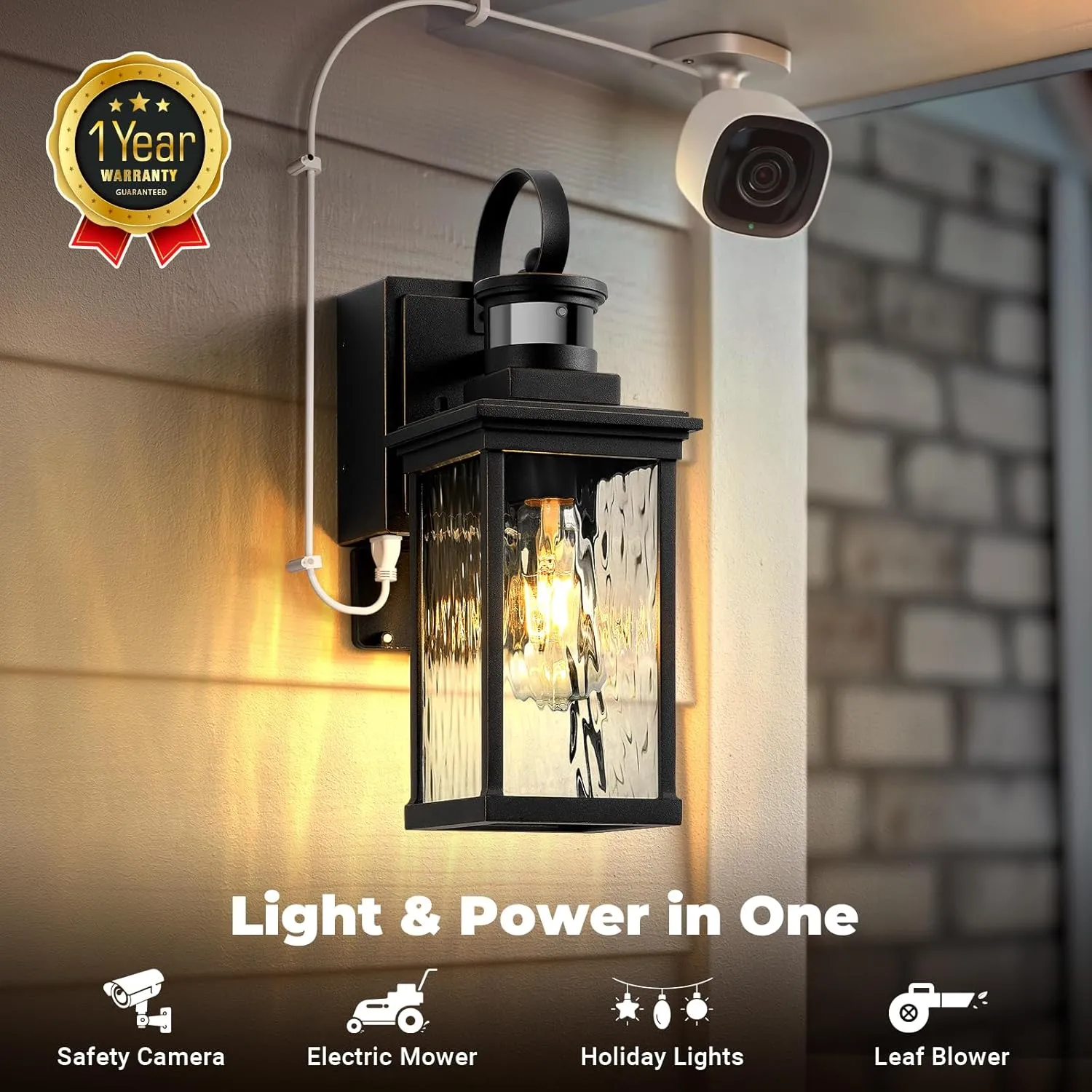 Outdoor Wall Sconce Lights with GFCI Outlet, Modern Black Gold Trim Motion Sensor Outdoor Garage Lights Wall Mount Sconce Lantern, Die-cast Aluminum Exterior Lighting Fixtures for House, Porch