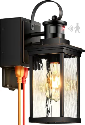Outdoor Wall Sconce Lights with GFCI Outlet, Modern Black Gold Trim Motion Sensor Outdoor Garage Lights Wall Mount Sconce Lantern, Die-cast Aluminum Exterior Lighting Fixtures for House, Porch