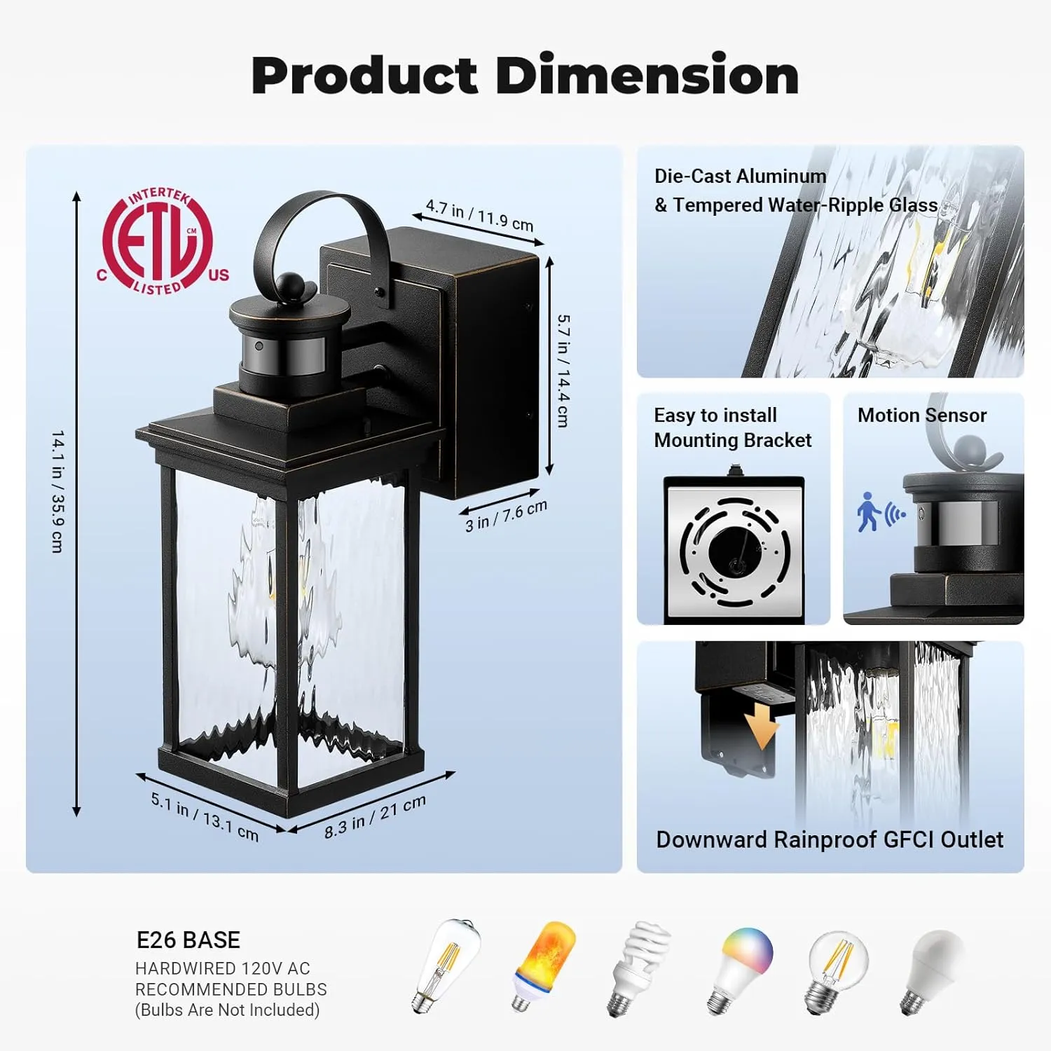 Outdoor Wall Sconce Lights with GFCI Outlet, Modern Black Gold Trim Motion Sensor Outdoor Garage Lights Wall Mount Sconce Lantern, Die-cast Aluminum Exterior Lighting Fixtures for House, Porch