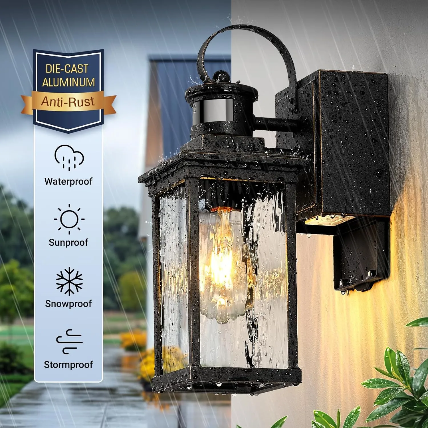 Outdoor Wall Sconce Lights with GFCI Outlet, Modern Black Gold Trim Motion Sensor Outdoor Garage Lights Wall Mount Sconce Lantern, Die-cast Aluminum Exterior Lighting Fixtures for House, Porch