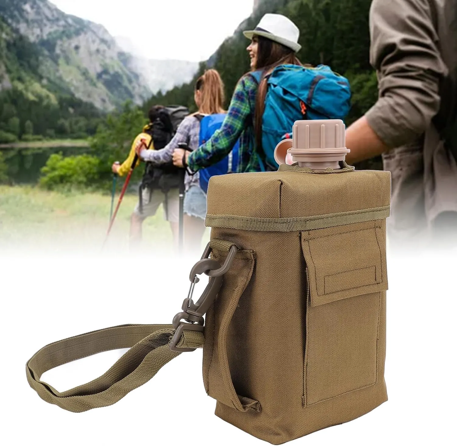 Outdoor Water Bottle - 2L Portable Water Canteen with Waist Bag, Multi Fuctional PVC Flat Camping Water Bottle for Military Surplus or Bushcraft Gear (Khaki)
