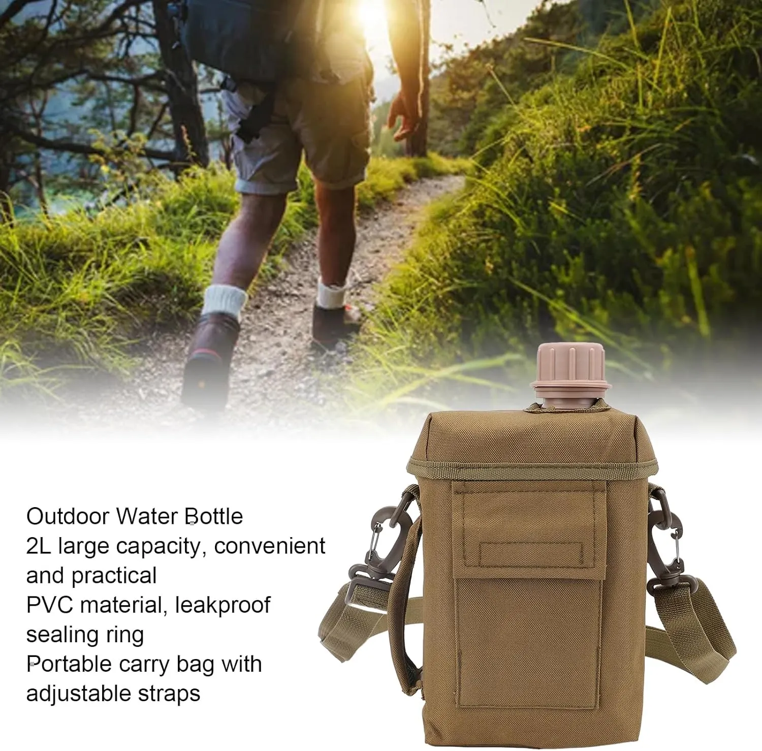 Outdoor Water Bottle - 2L Portable Water Canteen with Waist Bag, Multi Fuctional PVC Flat Camping Water Bottle for Military Surplus or Bushcraft Gear (Khaki)